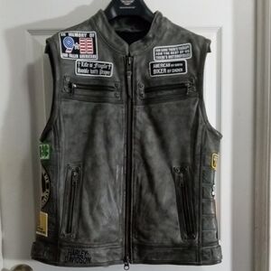 Harley-Davidson Zip Front Leather Vest w/ Sewn On Patches Mens LG